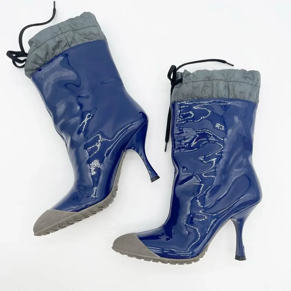 Miu Miu F/W 2014 Blue Patent Wellington Rubber Cap Toe Heeled Rain Boots IT 36.5